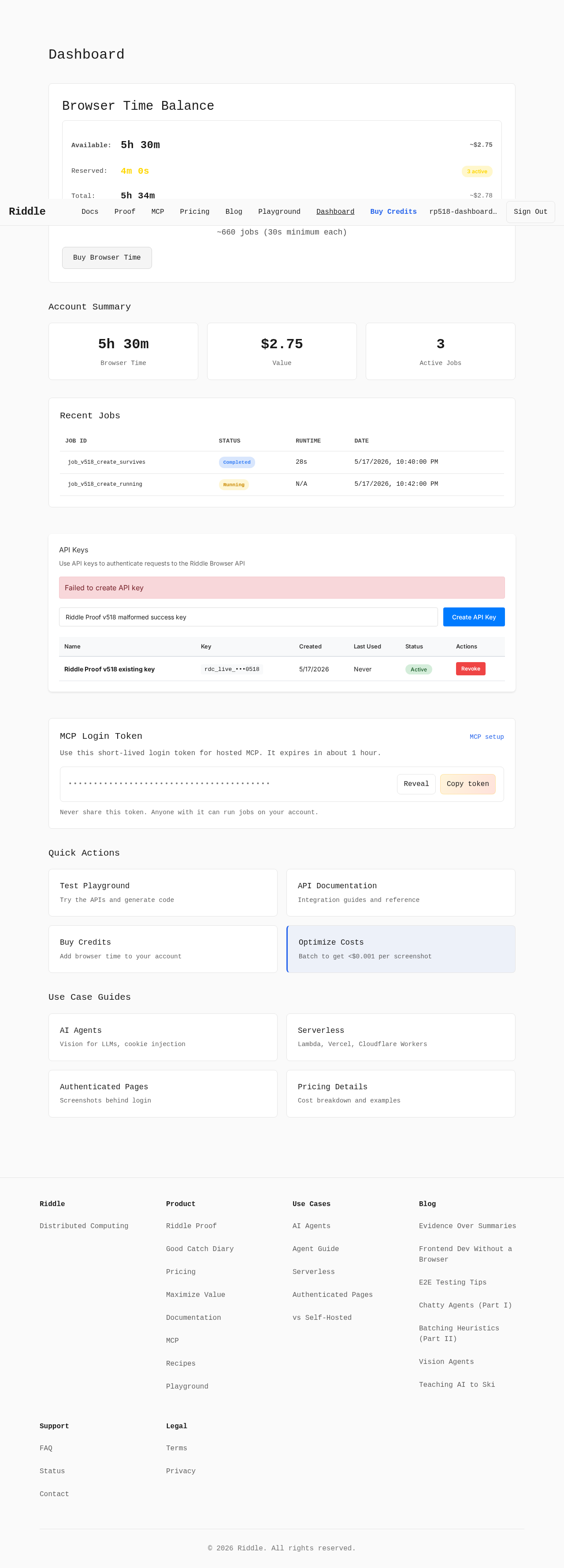 Dashboard API key create logged handled parser failure evidence screenshot