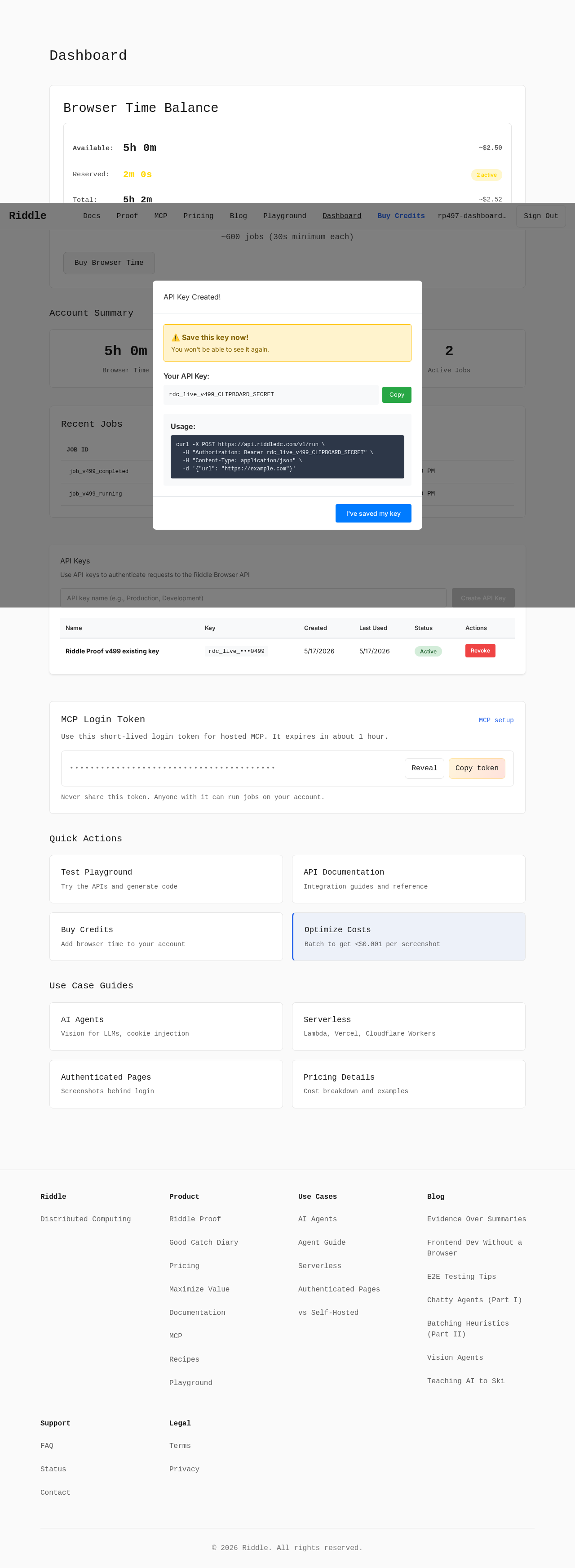 Dashboard API key modal copy crashed on clipboard denial evidence screenshot