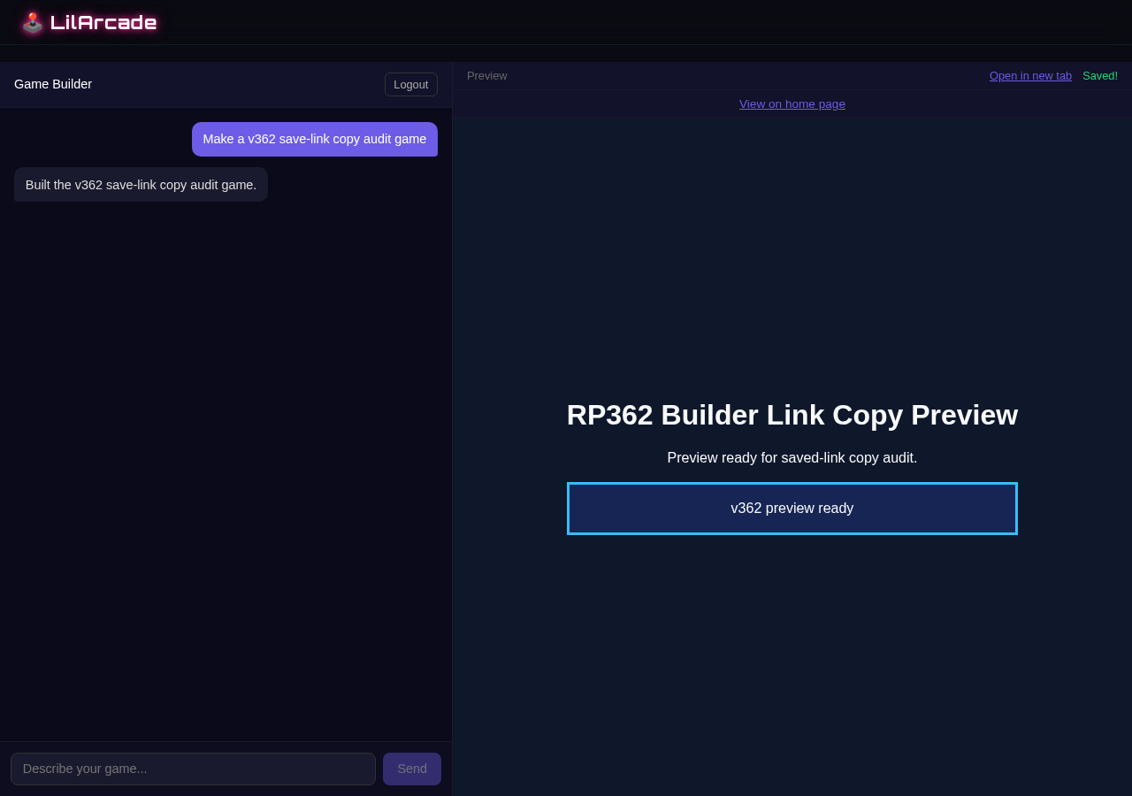 Builder saved link said home page evidence screenshot