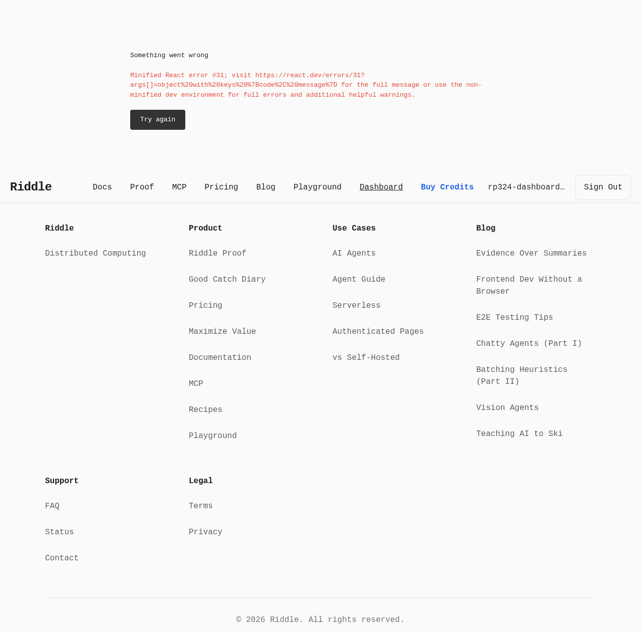 A structured API-key error crashed the dashboard evidence screenshot