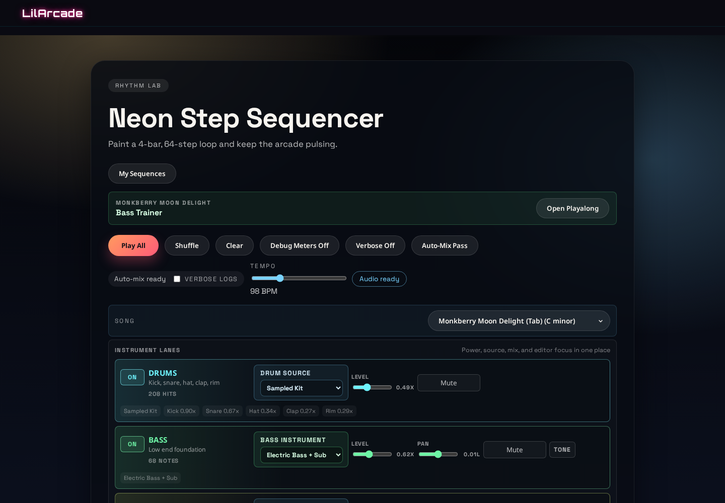 Neon Step Sequencer desktop proof screenshot for fast mix health