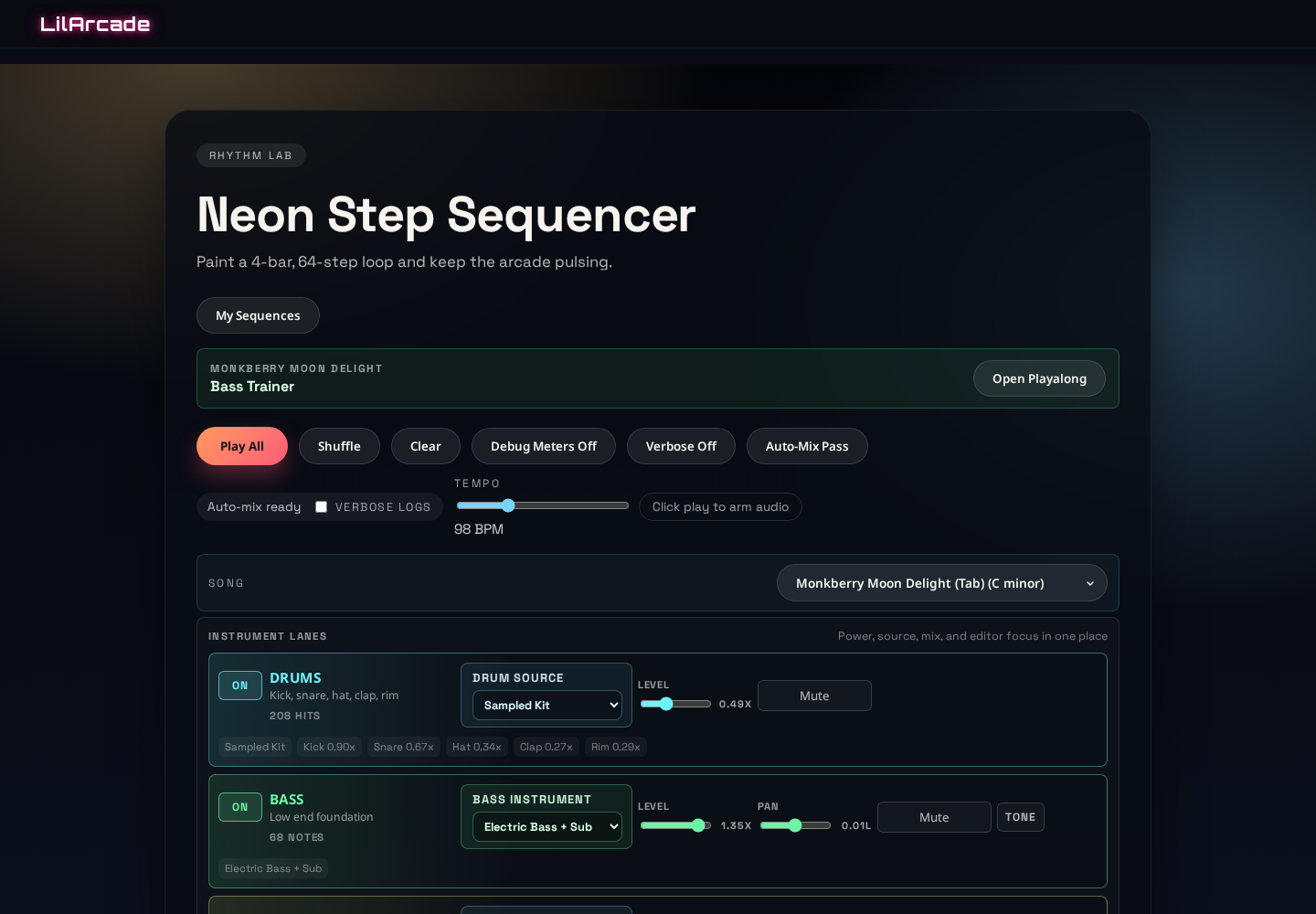 Neon Step Sequencer desktop proof screenshot after bass mix change