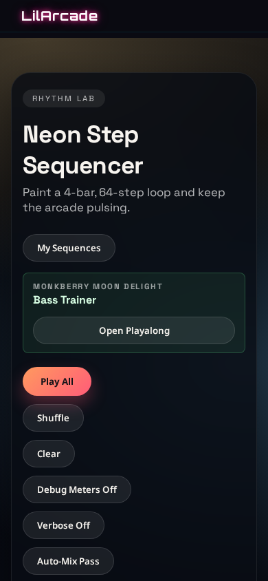 Neon Step Sequencer phone proof screenshot for full matrix run